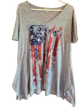 One World Women's XL Gray With USA Flag & Rhinestones Tie Bottom T-Shirt